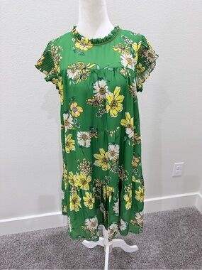 Green Floral Ruffle-Sleeve Midi Dress